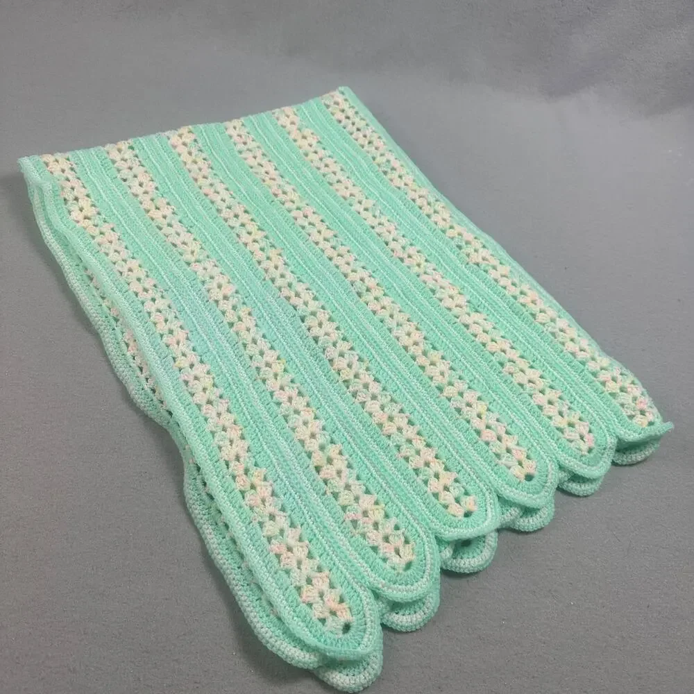 VTG Handmade Crochet Baby Blanket 42x32 Mint Green Pink Pastel Afghan Scallop